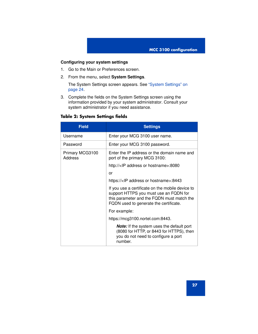 Nortel Networks 3100 manual Configuring your system settings, System Settings fields 