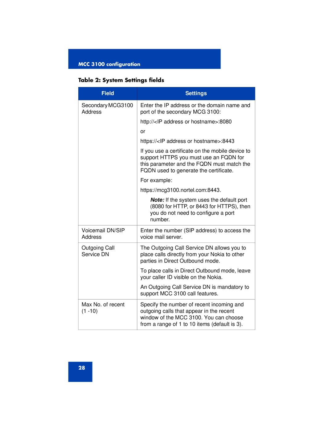 Nortel Networks 3100 manual Field Settings 