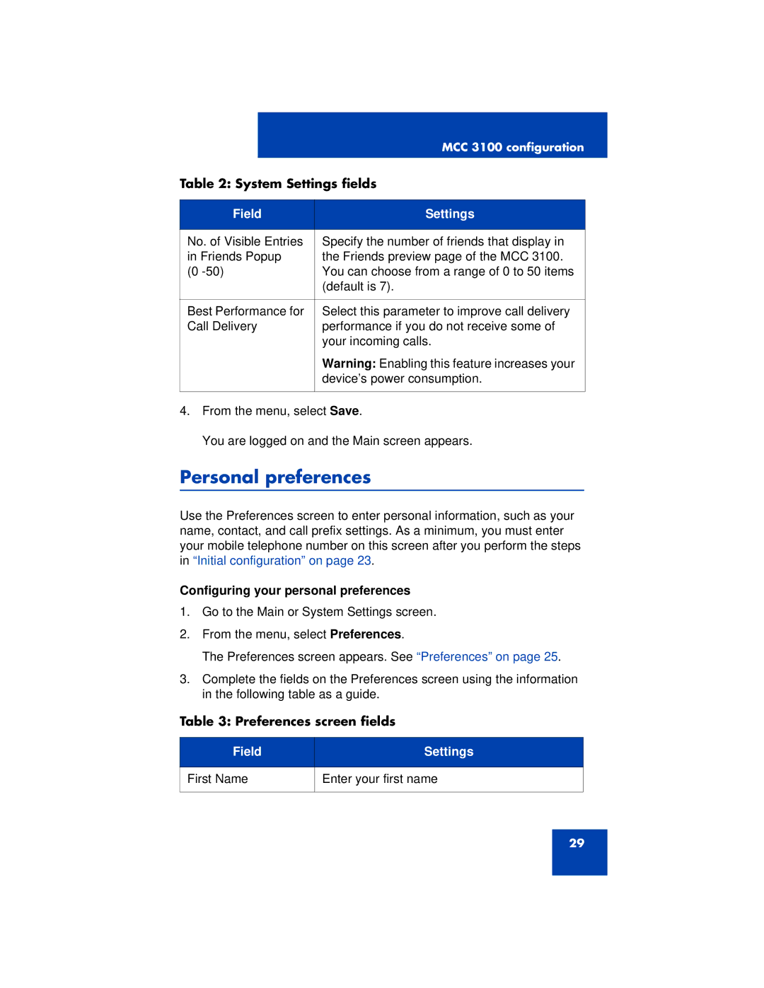 Nortel Networks 3100 manual Personal preferences, Configuring your personal preferences, Preferences screen fields 