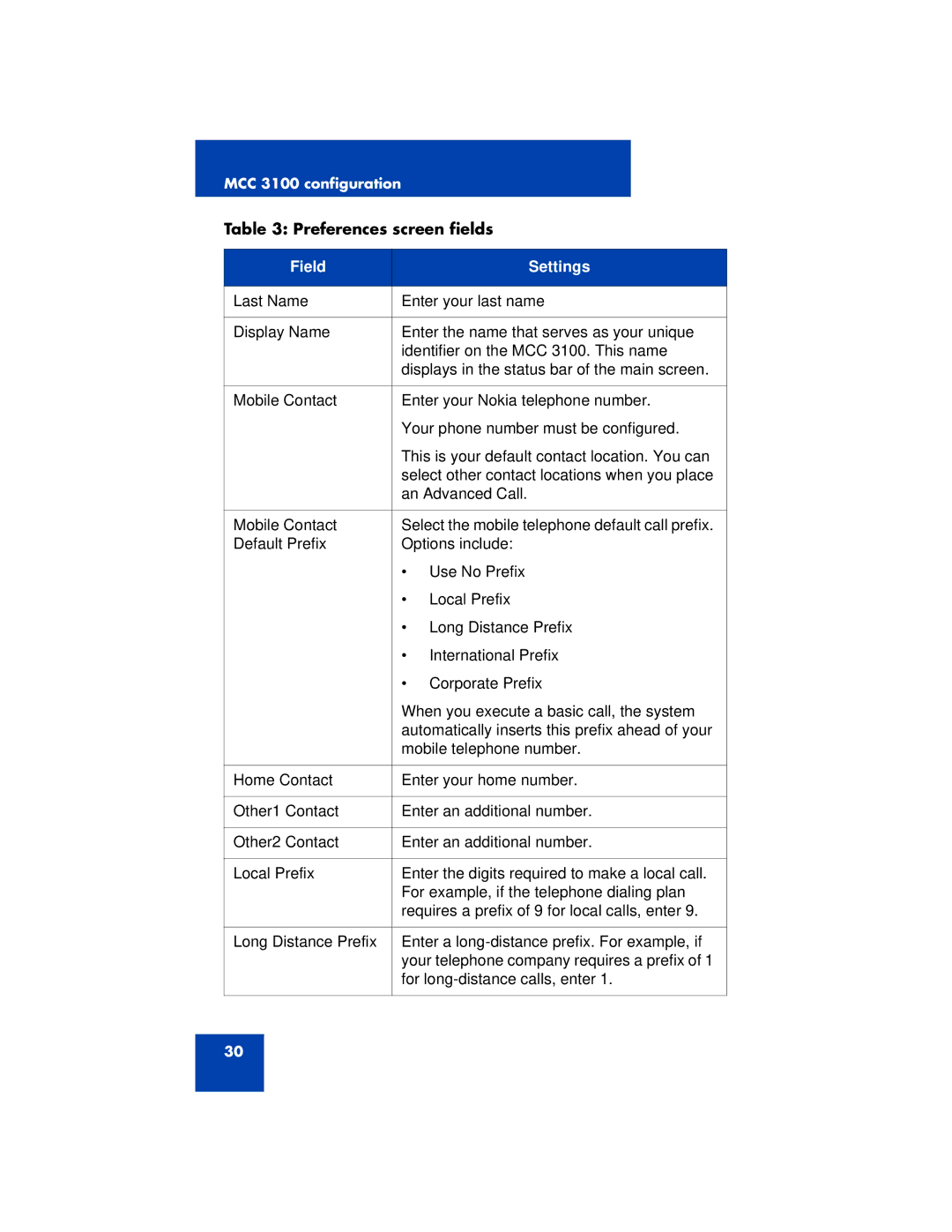 Nortel Networks 3100 manual Field Settings 