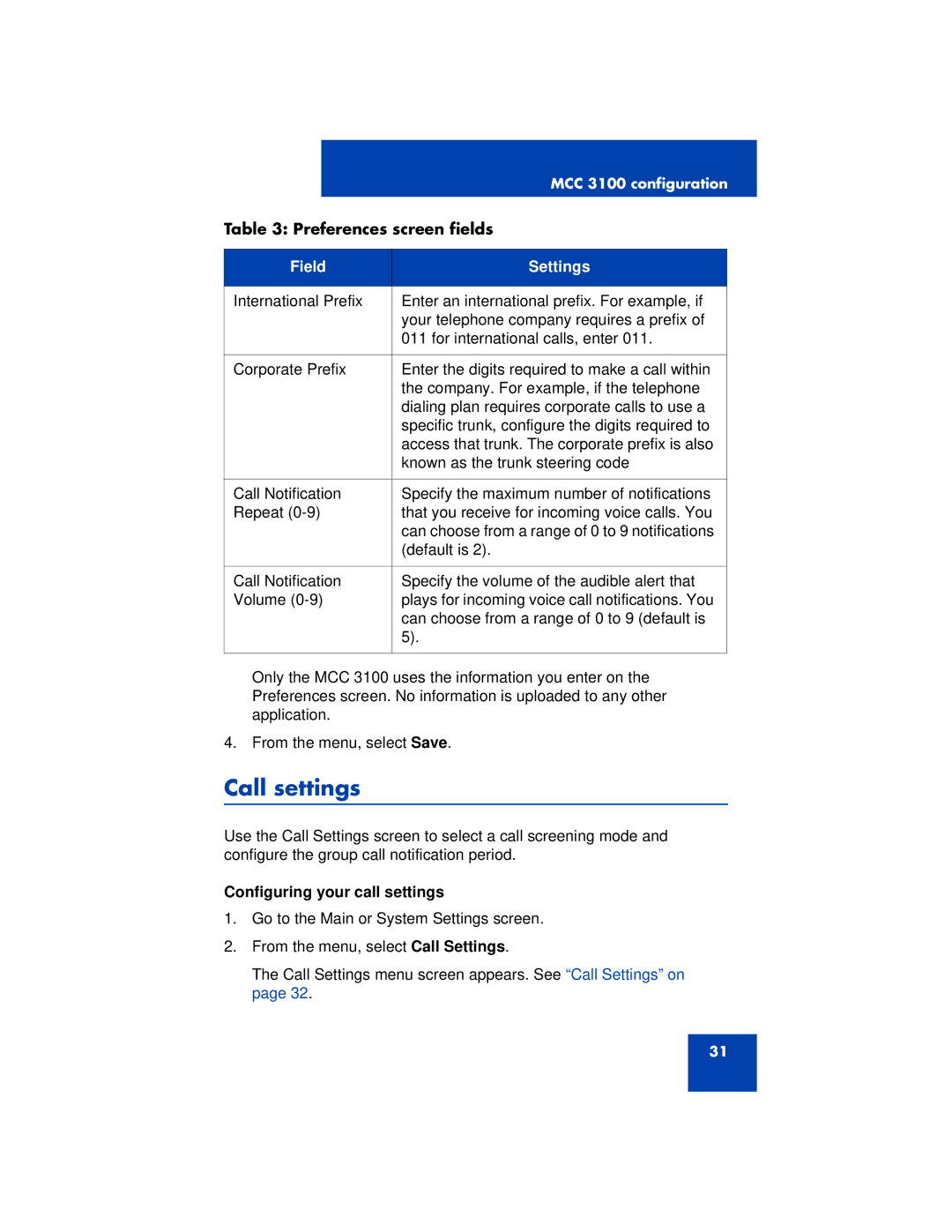 Nortel Networks 3100 manual Call settings, Configuring your call settings 