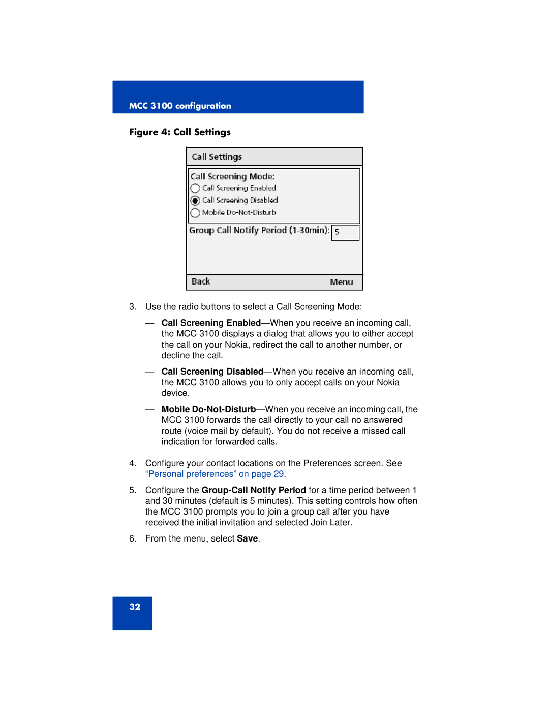 Nortel Networks 3100 manual Call Settings 