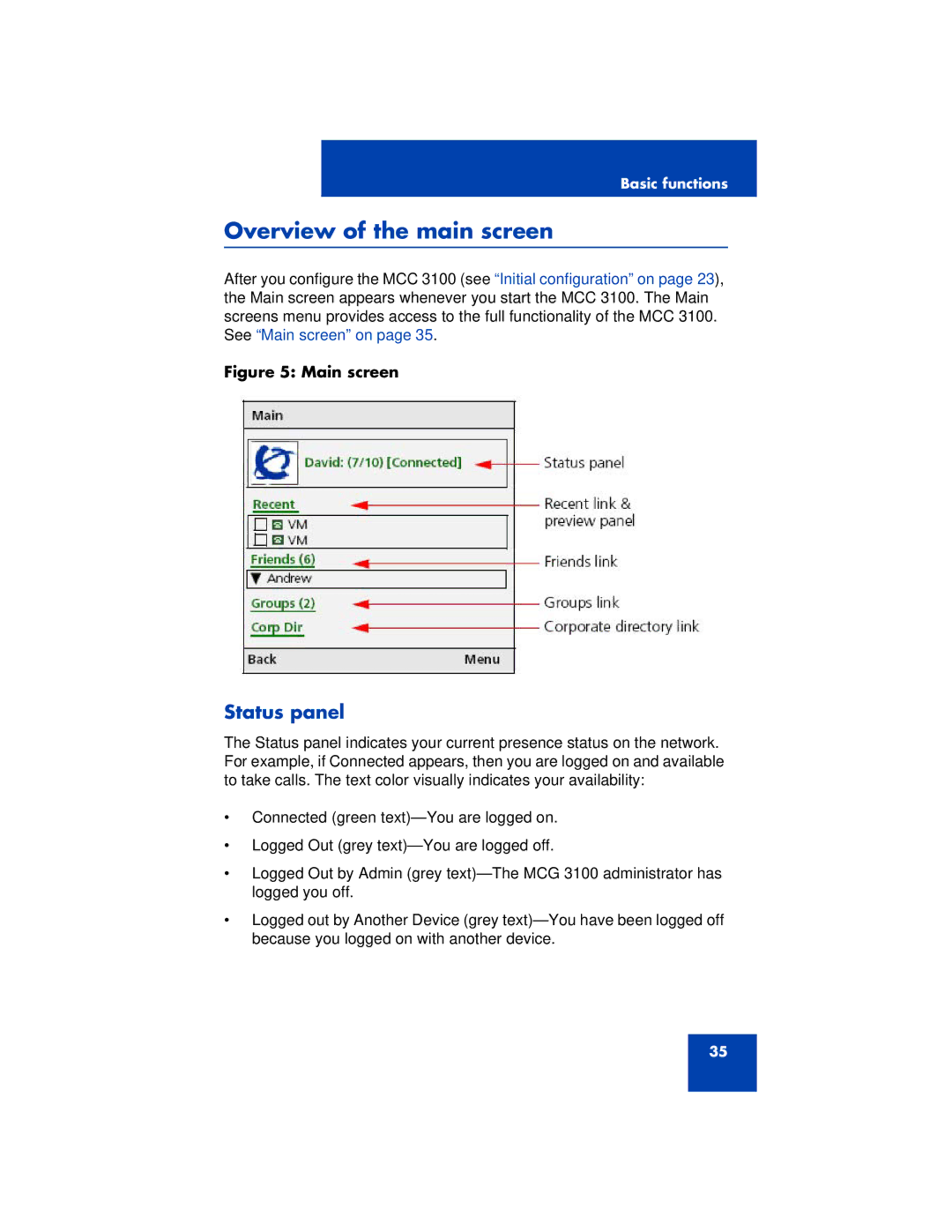 Nortel Networks 3100 manual Overview of the main screen, Status panel 