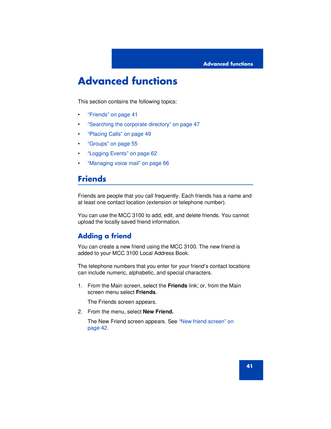 Nortel Networks 3100 manual Advanced functions, Friends, Adding a friend 