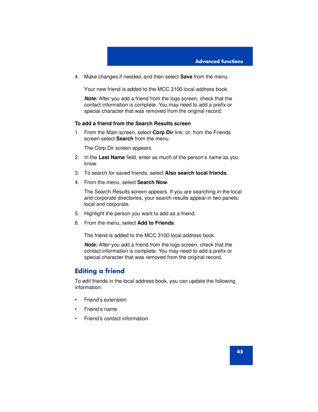 Nortel Networks 3100 manual Editing a friend, To add a friend from the Search Results screen 