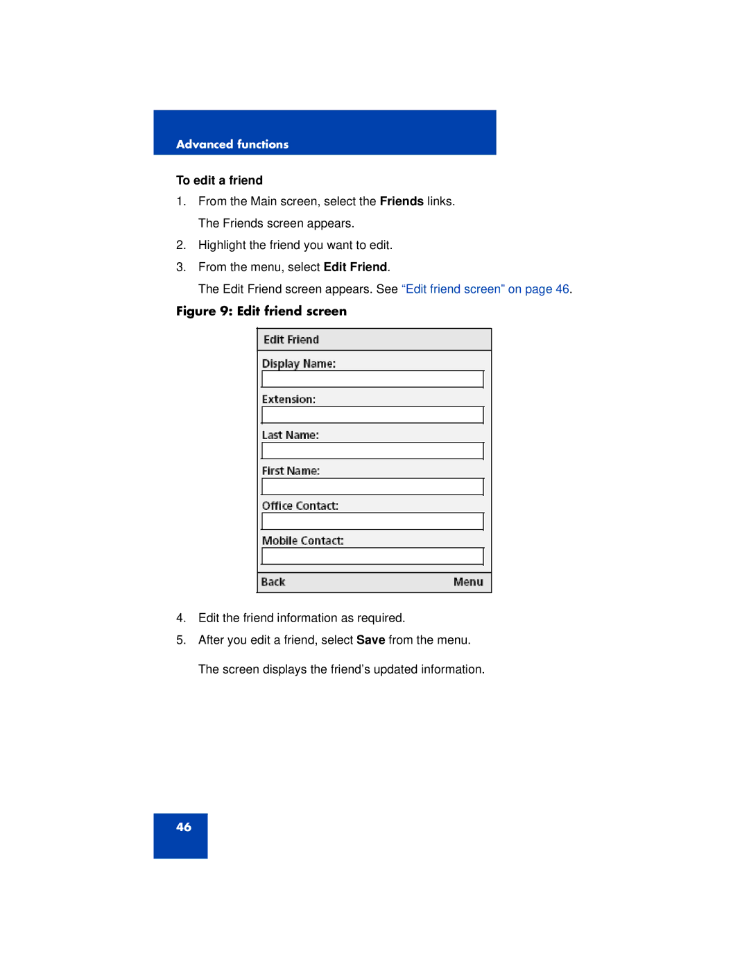 Nortel Networks 3100 manual To edit a friend, Edit friend screen 