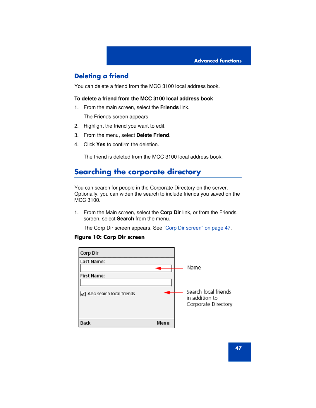 Nortel Networks 3100 manual Searching the corporate directory, Deleting a friend 