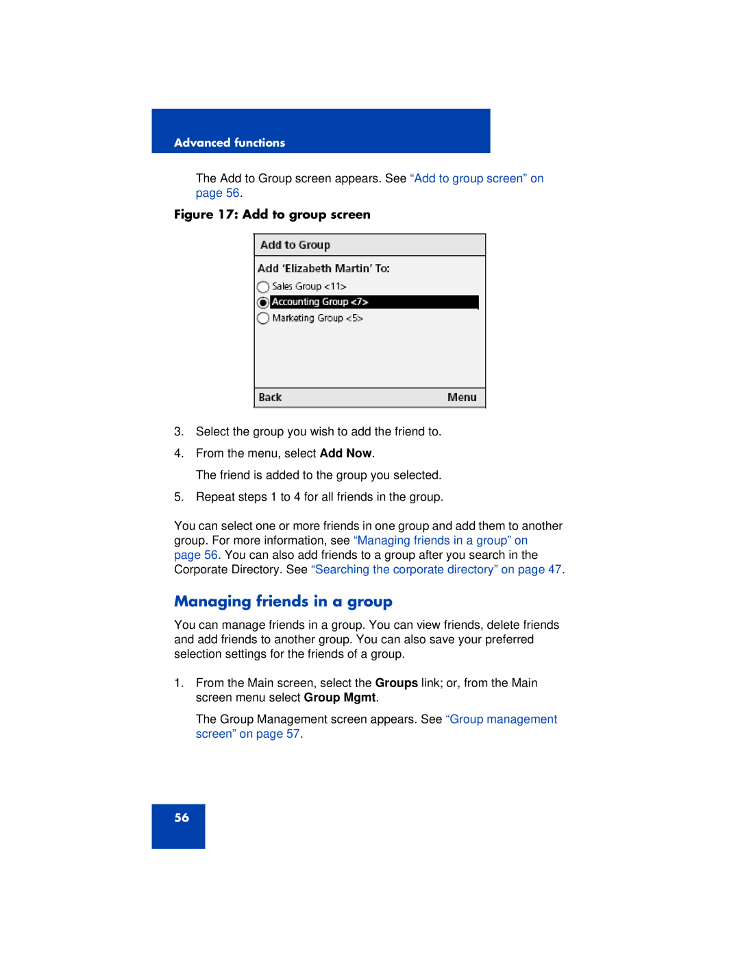 Nortel Networks 3100 manual Managing friends in a group, Add to group screen 