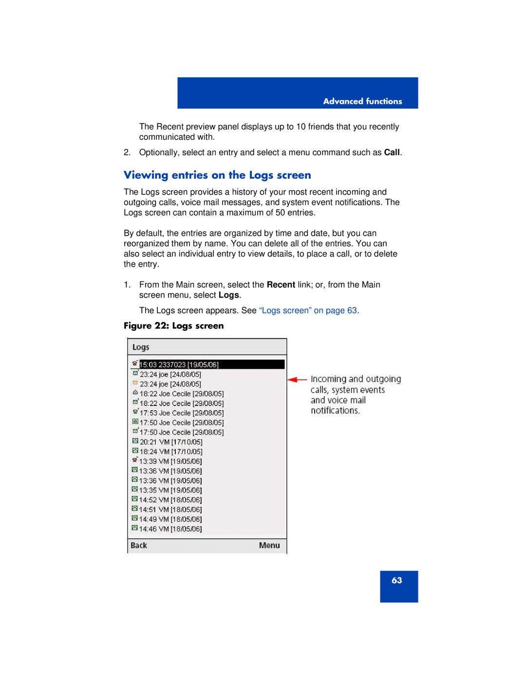 Nortel Networks 3100 manual Viewing entries on the Logs screen 