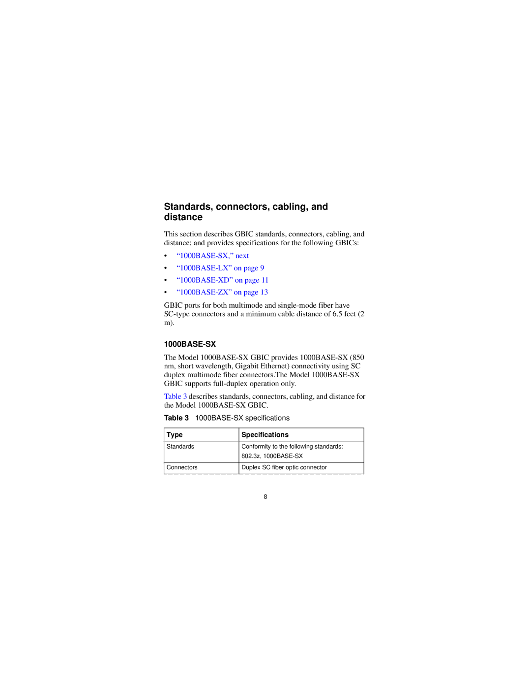 Nortel Networks 312865-A manual Standards, connectors, cabling, and distance, 1000BASE-SX, Type Specifications 