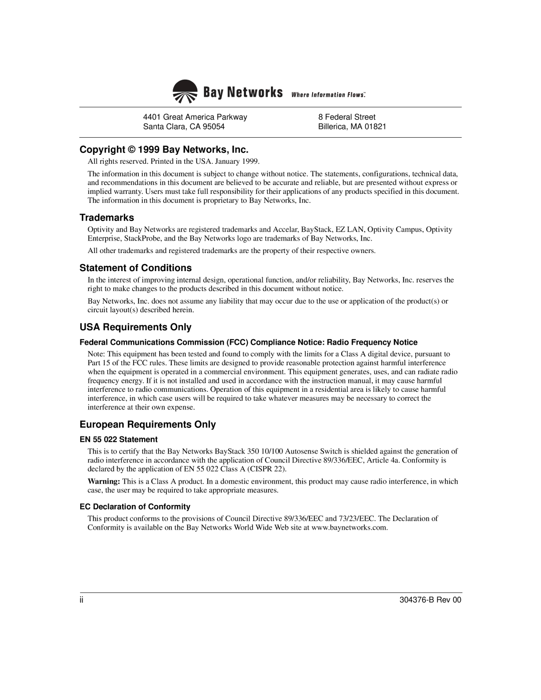 Nortel Networks 350 manual Copyright 1999 Bay Networks, Inc, Trademarks, Statement of Conditions, USA Requirements Only 