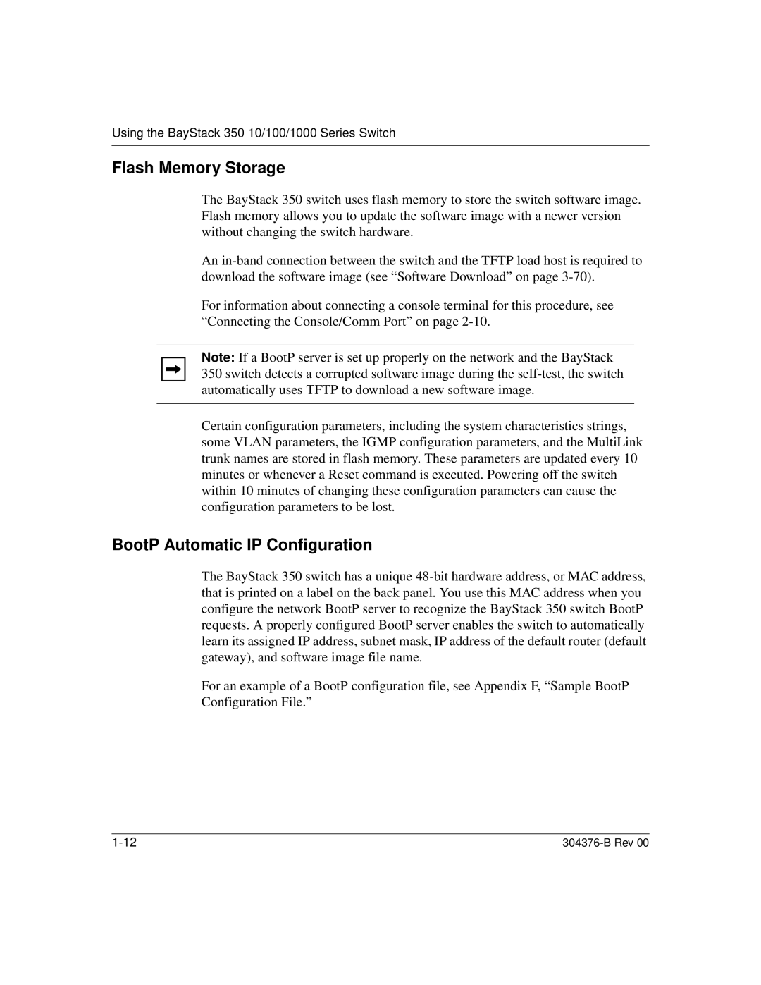 Nortel Networks 350 manual Flash Memory Storage, BootP Automatic IP Configuration 