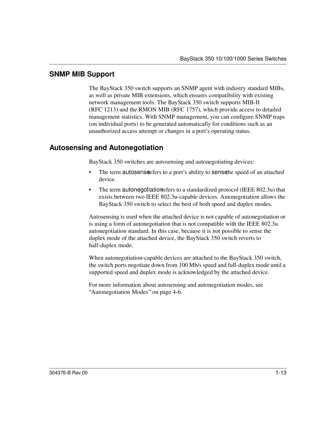 Nortel Networks 350 manual Snmp MIB Support, Autosensing and Autonegotiation 