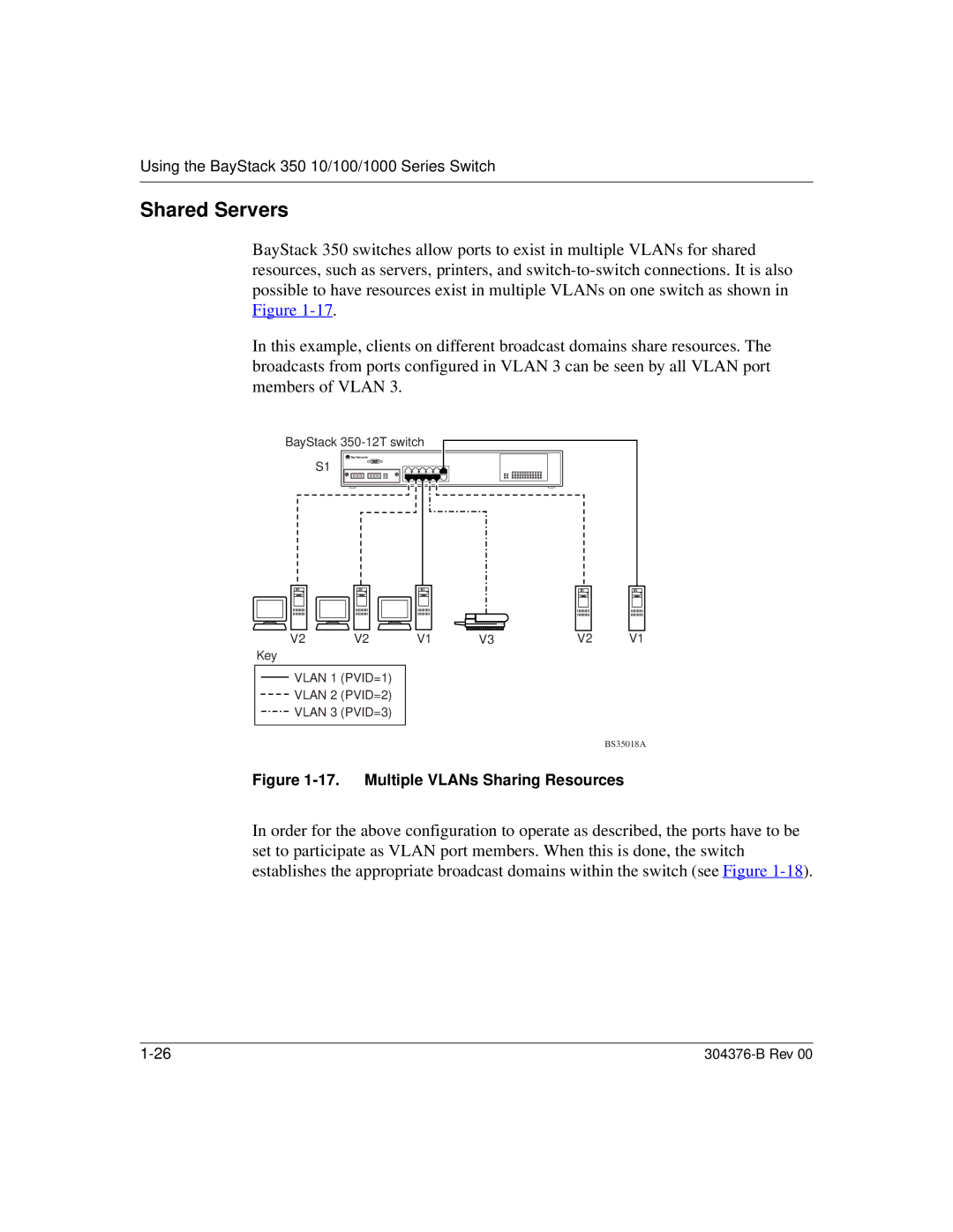 Nortel Networks 350 manual Shared Servers, Multiple VLANs Sharing Resources 