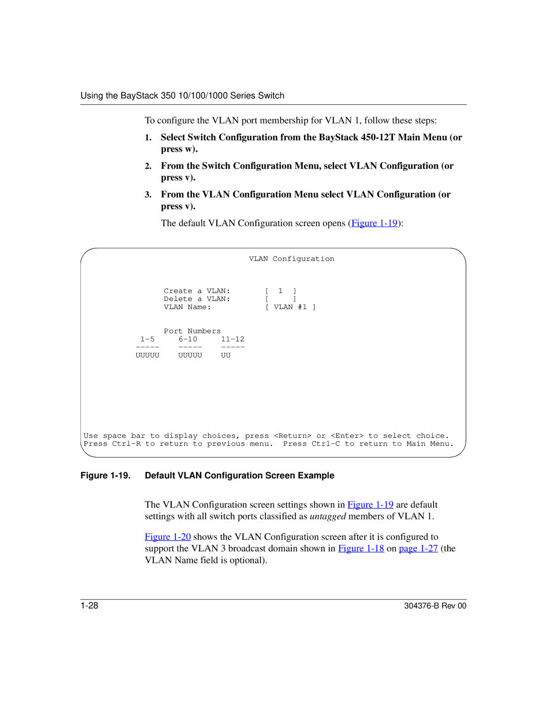 Nortel Networks 350 manual Default Vlan Configuration screen opens Figure, Default Vlan Configuration Screen Example 