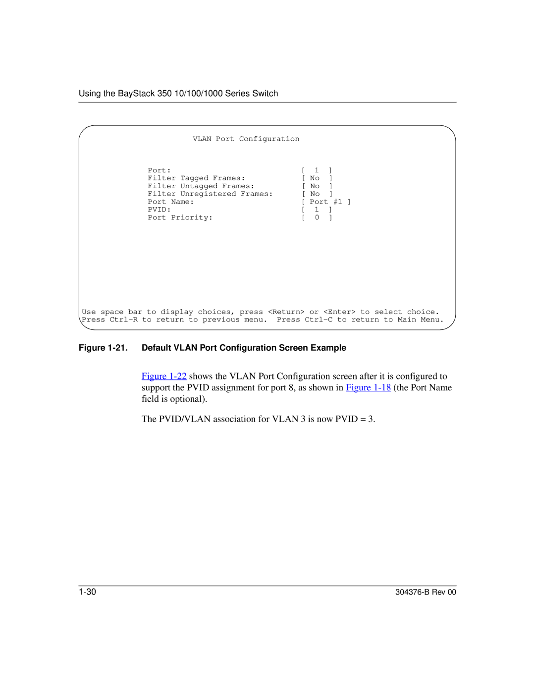 Nortel Networks 350 manual Default Vlan Port Configuration Screen Example 