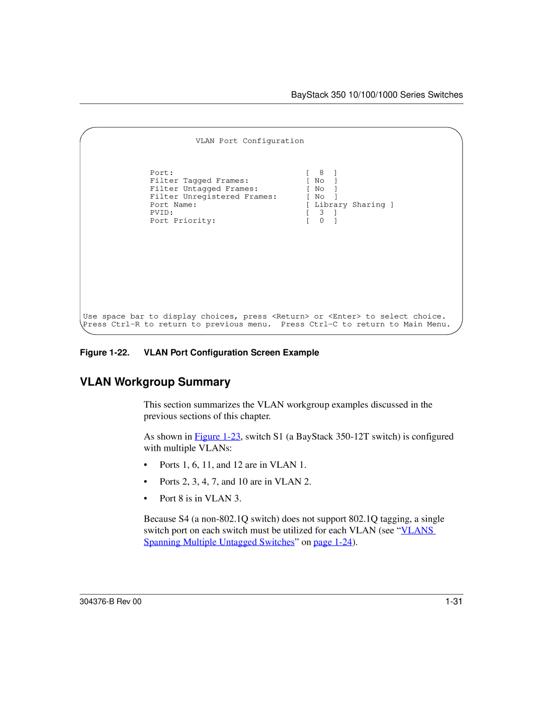 Nortel Networks 350 manual Vlan Workgroup Summary, Vlan Port Configuration Screen Example 