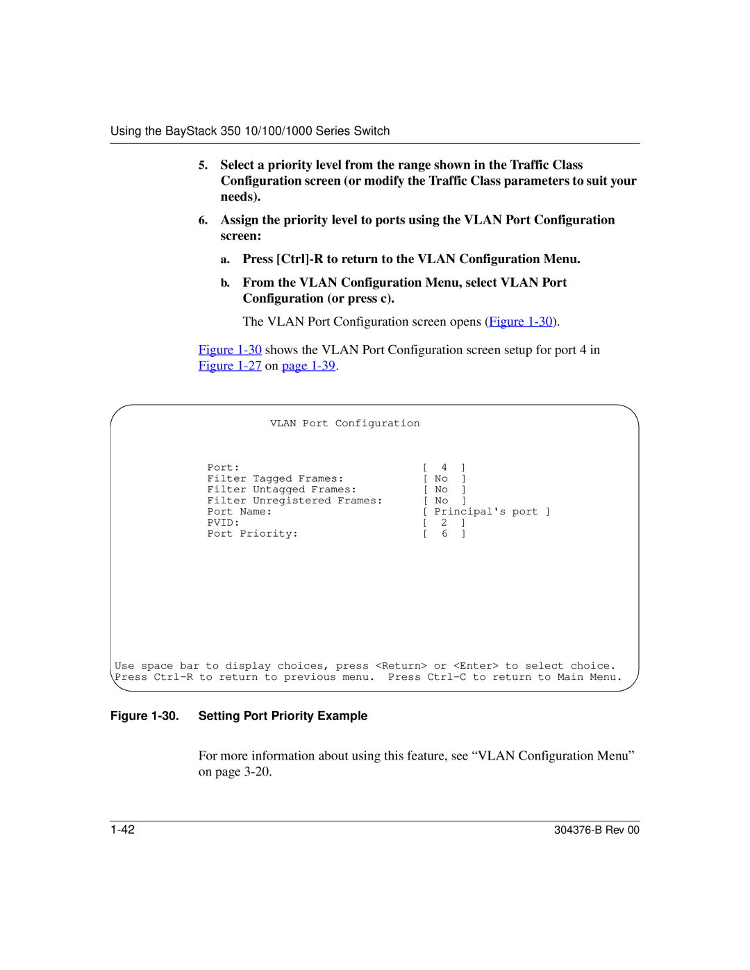 Nortel Networks 350 manual Vlan Port Configuration screen opens Figure, Setting Port Priority Example 