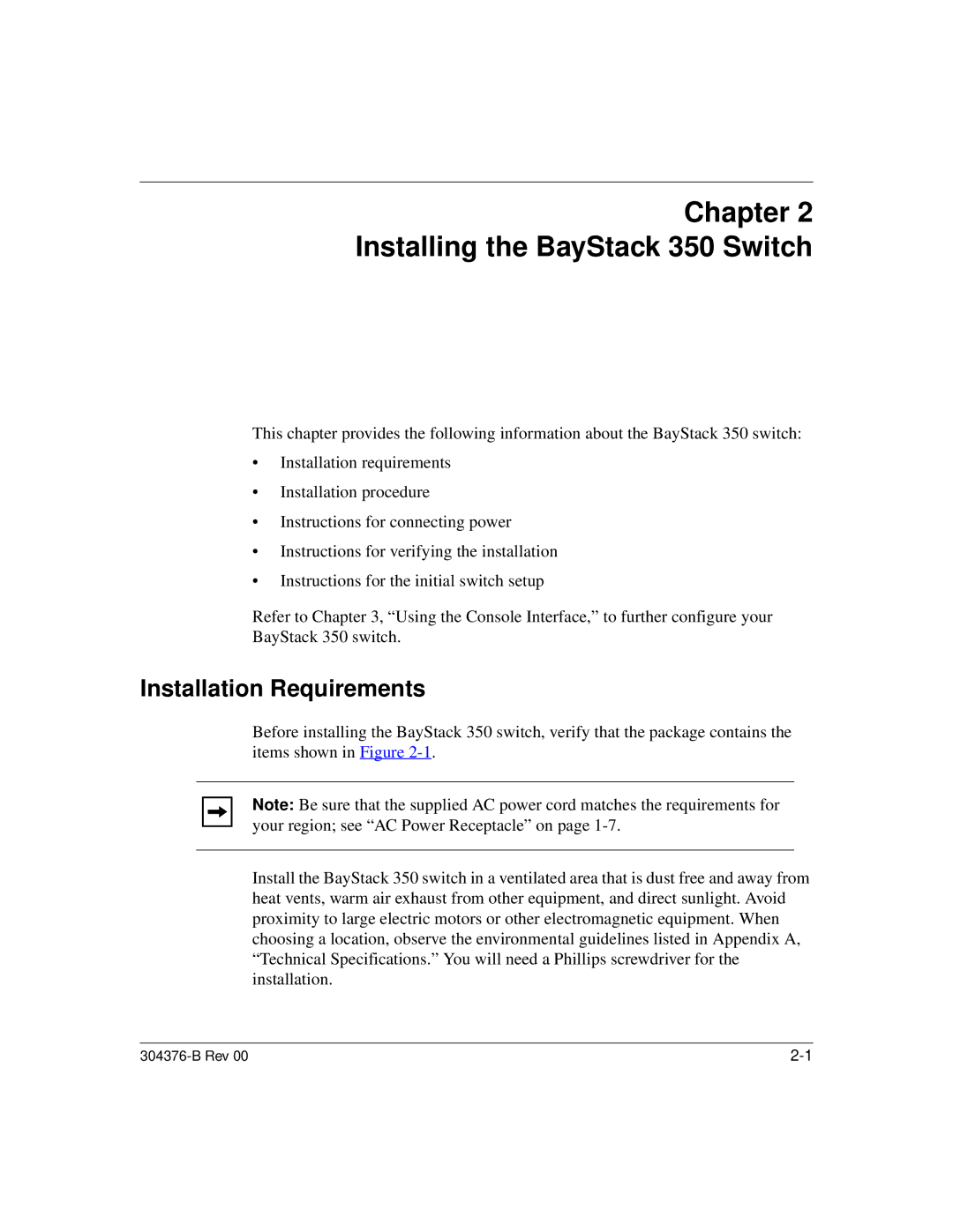 Nortel Networks manual Chapter Installing the BayStack 350 Switch, Installation Requirements 