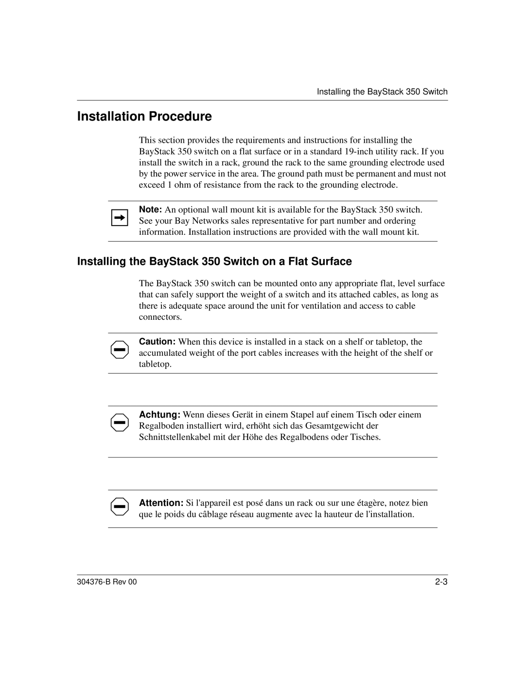 Nortel Networks manual Installation Procedure, Installing the BayStack 350 Switch on a Flat Surface 