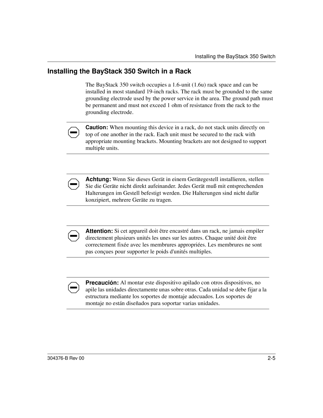 Nortel Networks manual Installing the BayStack 350 Switch in a Rack 