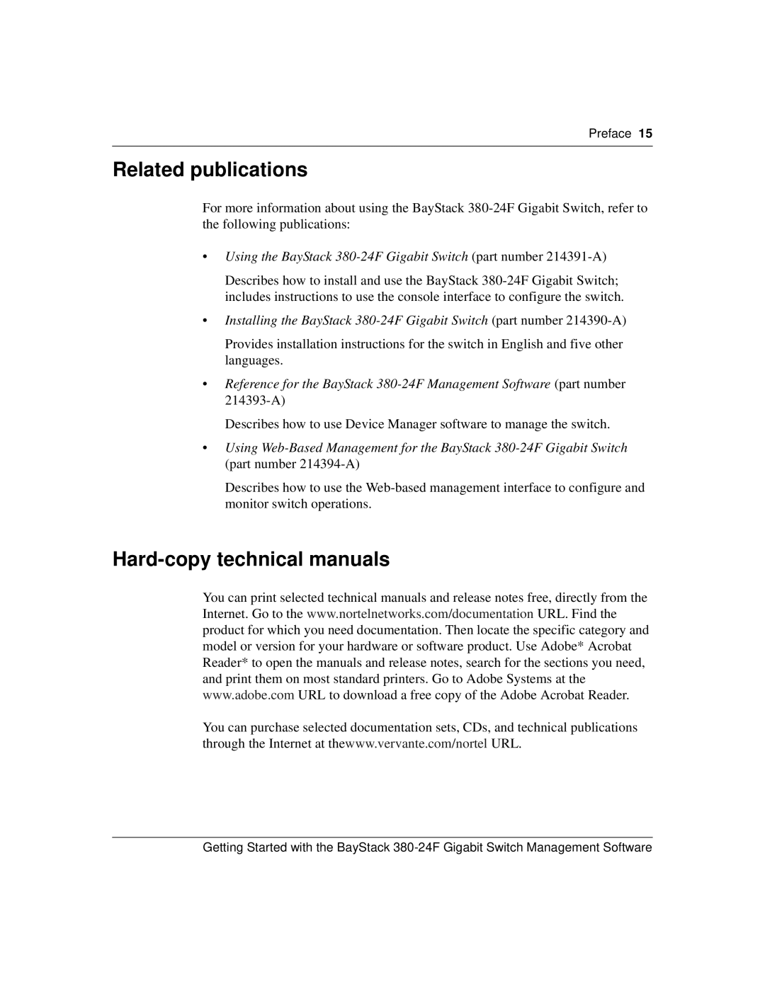 Nortel Networks 380-24F Related publications, Hard-copy technical manuals 