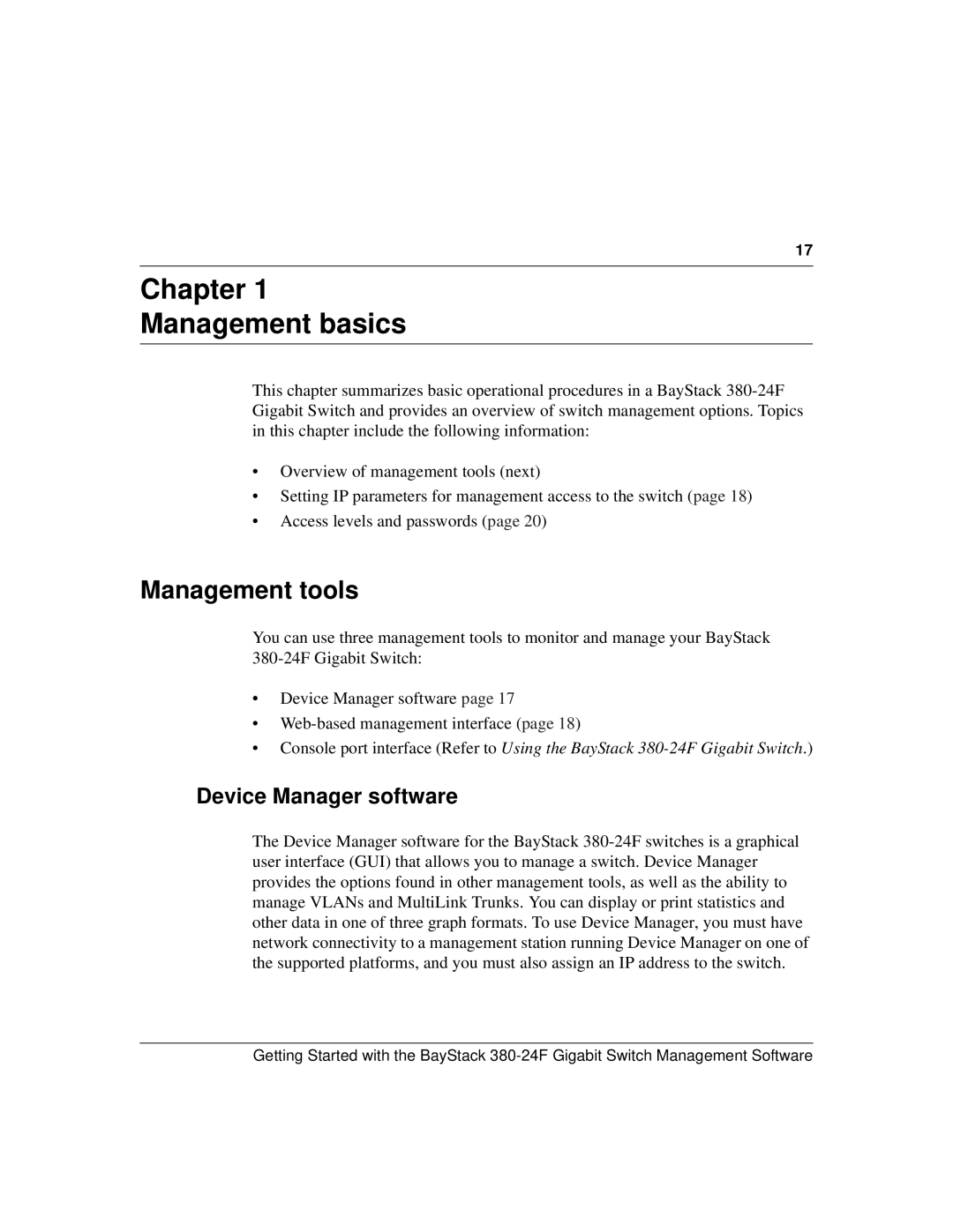 Nortel Networks 380-24F manual Chapter Management basics, Management tools, Device Manager software 