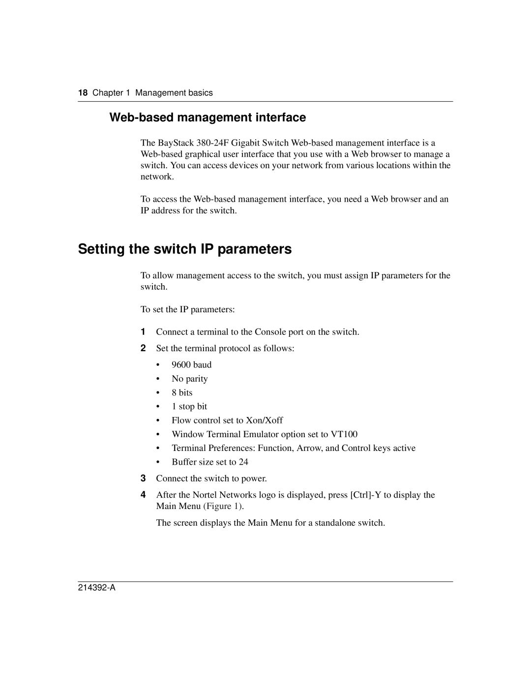 Nortel Networks 380-24F manual Setting the switch IP parameters, Web-based management interface, Management basics 