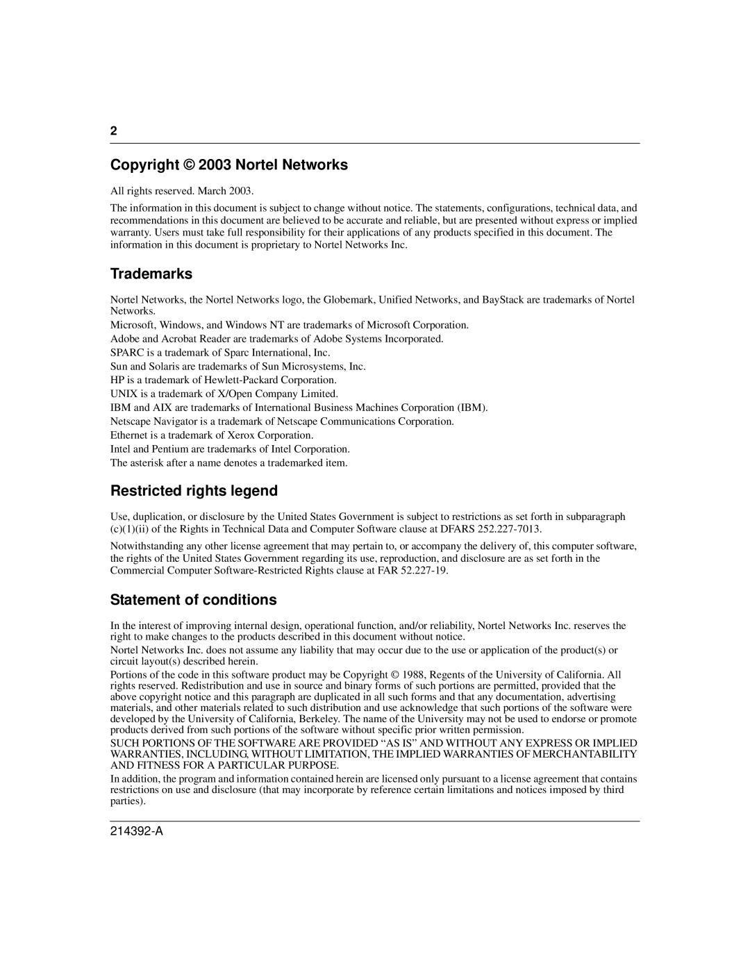 Nortel Networks 380-24F manual Copyright 2003 Nortel Networks, 214392-A 