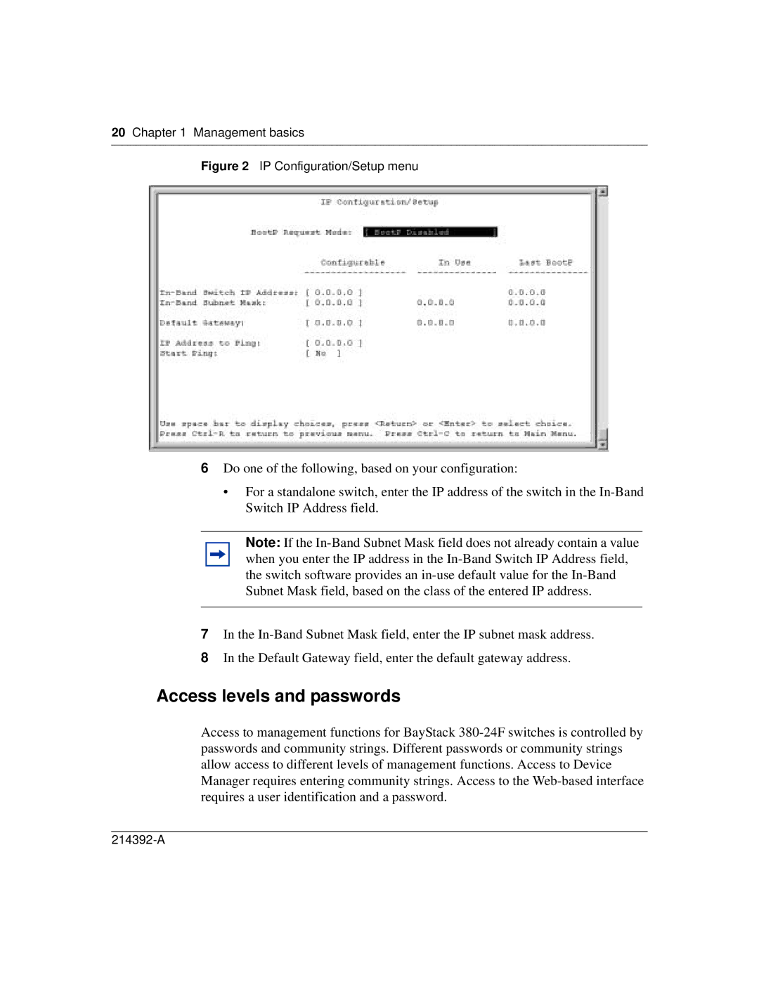 Nortel Networks 380-24F manual Access levels and passwords, IP Configuration/Setup menu 