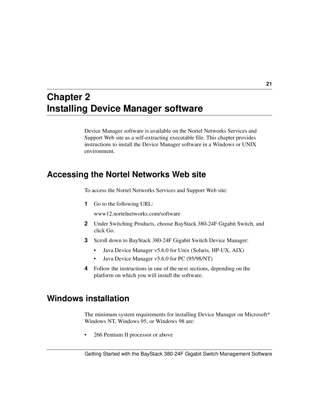 Nortel Networks 380-24F manual Chapter Installing Device Manager software, Accessing the Nortel Networks Web site 