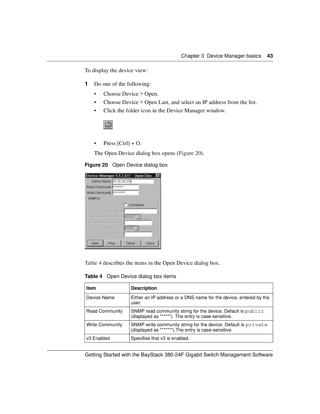 Nortel Networks 380-24F manual Open Device dialog box items 