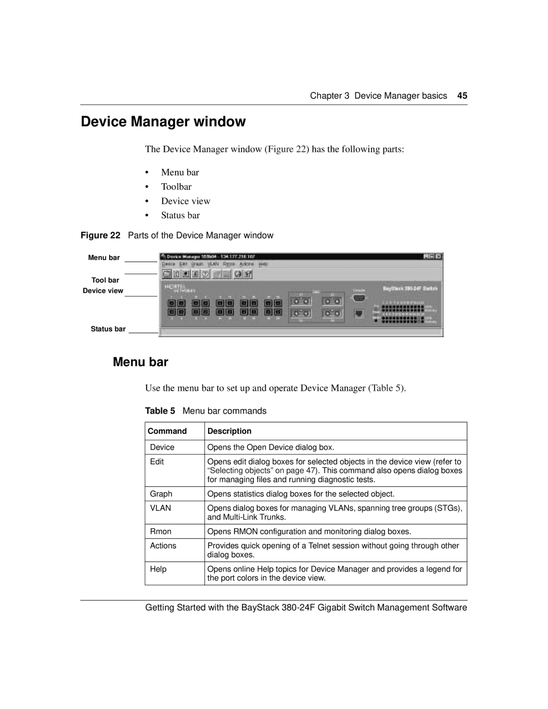 Nortel Networks 380-24F manual Device Manager window, Menu bar commands, Command Description 