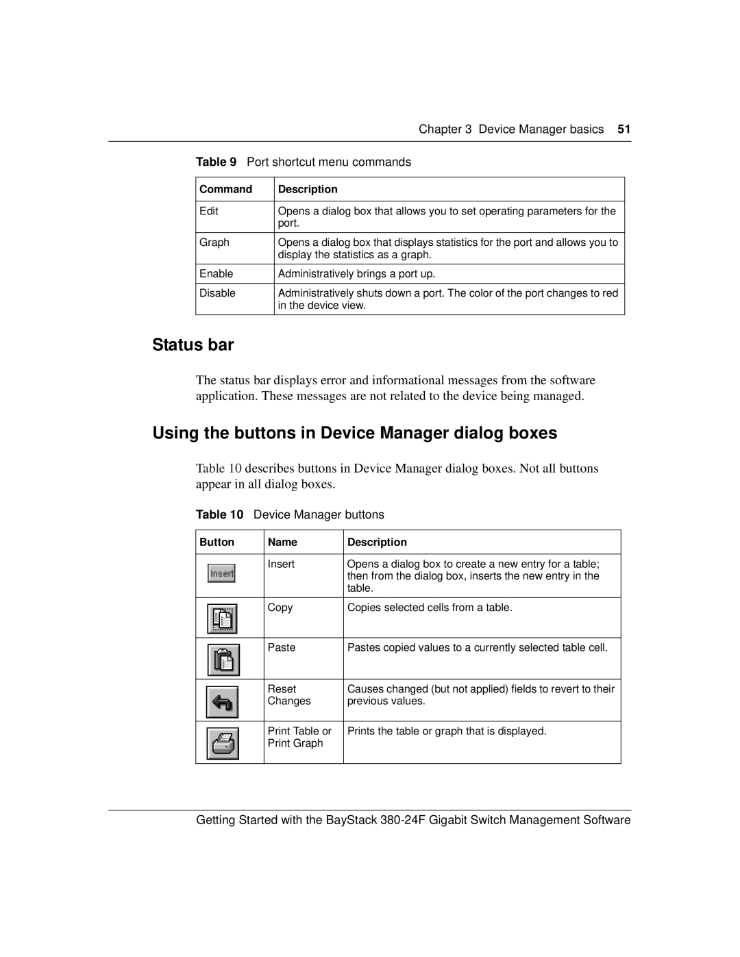 Nortel Networks 380-24F manual Status bar, Using the buttons in Device Manager dialog boxes, Port shortcut menu commands 