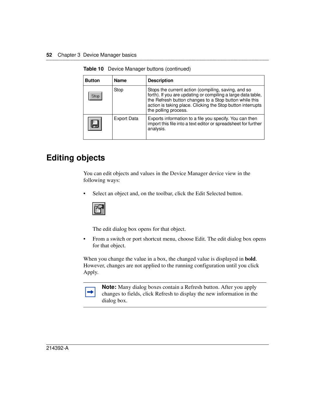 Nortel Networks 380-24F manual Editing objects, Device Manager basics Device Manager buttons 