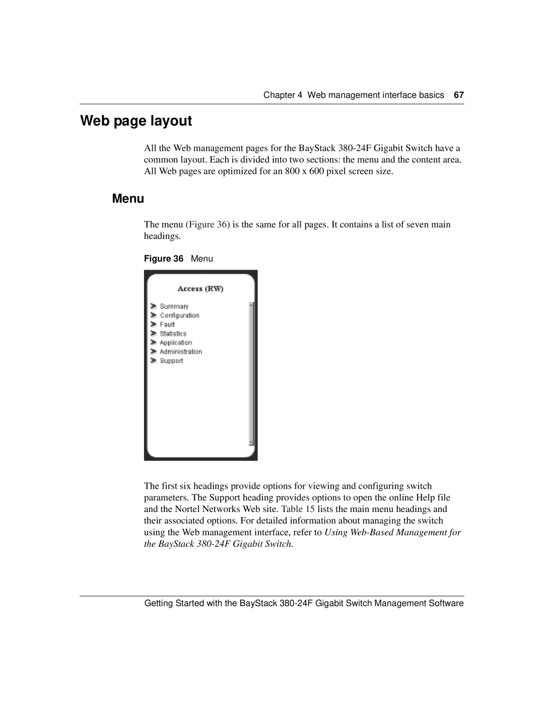 Nortel Networks 380-24F manual Web page layout, Menu 