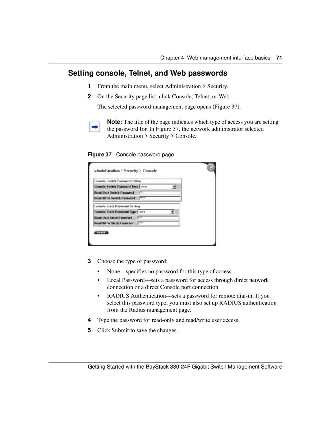 Nortel Networks 380-24F manual Setting console, Telnet, and Web passwords, Console password 