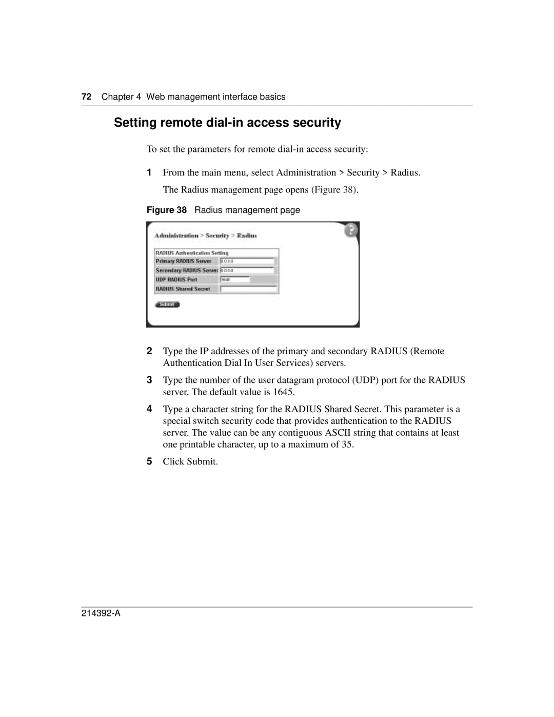 Nortel Networks 380-24F manual Setting remote dial-in access security, Radius management 