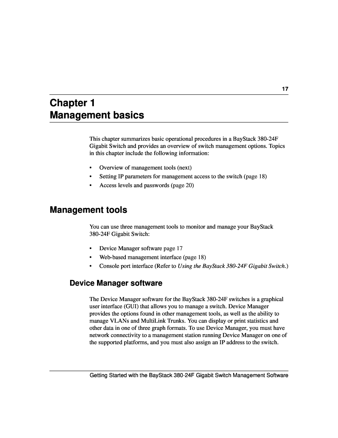 Nortel Networks 380-24F manual Chapter Management basics, Management tools, Device Manager software 