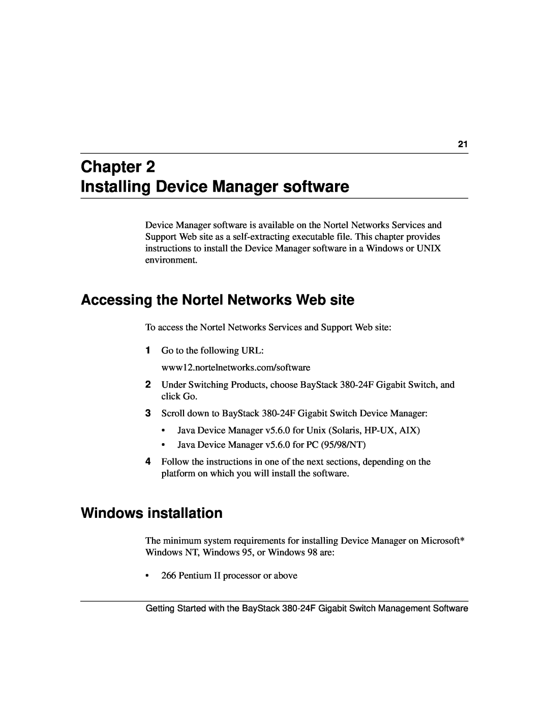 Nortel Networks 380-24F manual Chapter Installing Device Manager software, Accessing the Nortel Networks Web site 