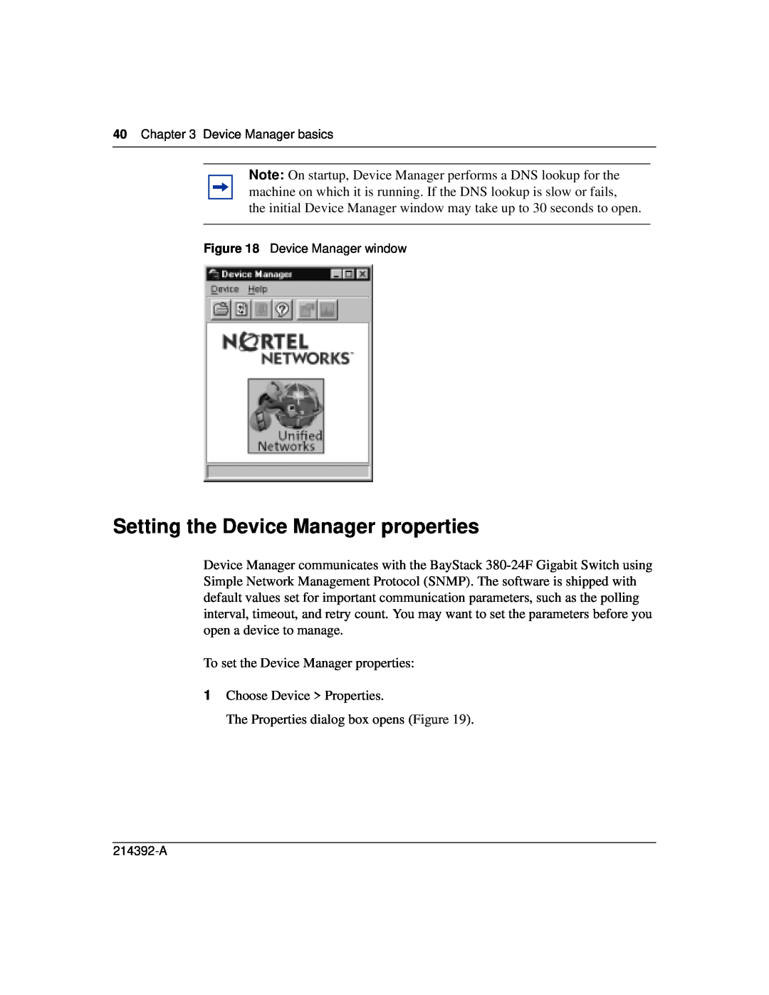 Nortel Networks 380-24F manual Setting the Device Manager properties 