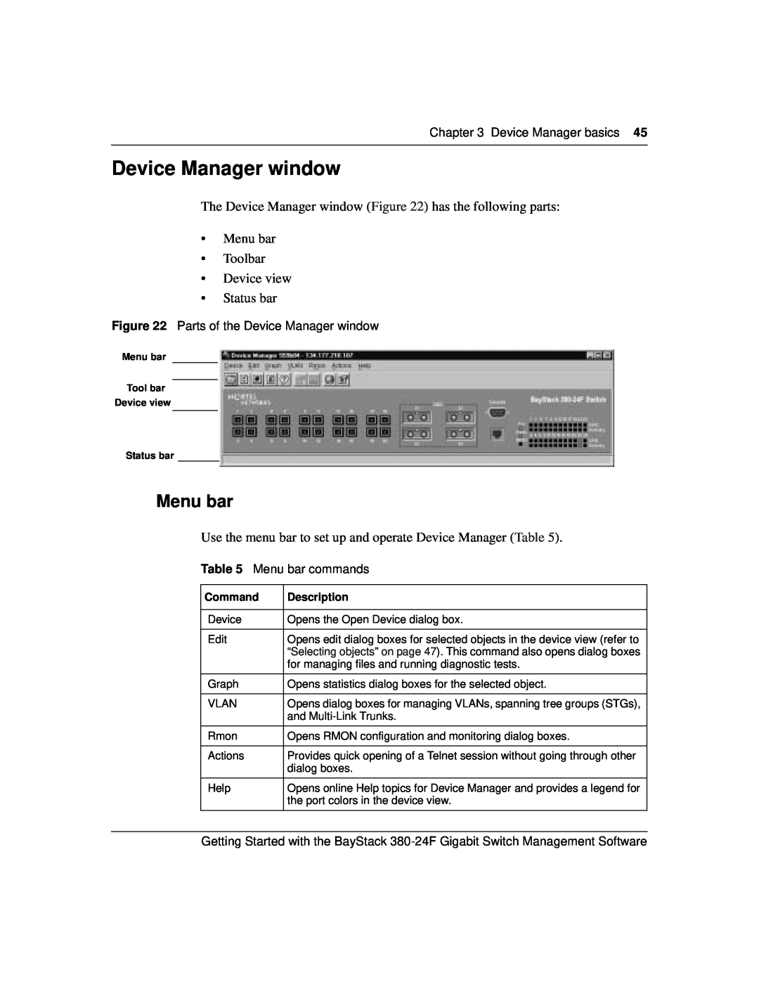 Nortel Networks 380-24F Device Manager basics, Parts of the Device Manager window, Menu bar commands, Command 