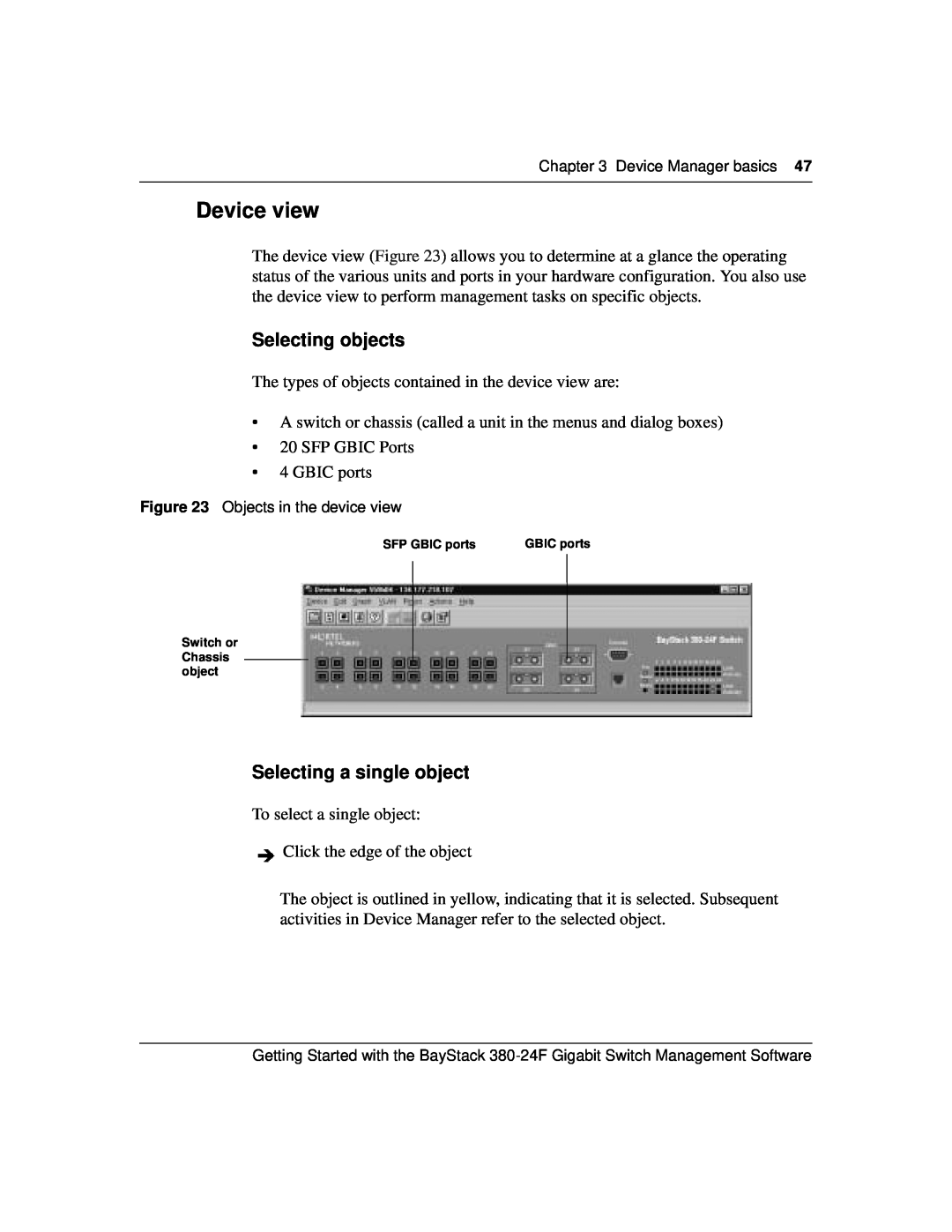 Nortel Networks 380-24F manual Device view, Selecting objects, Selecting a single object 