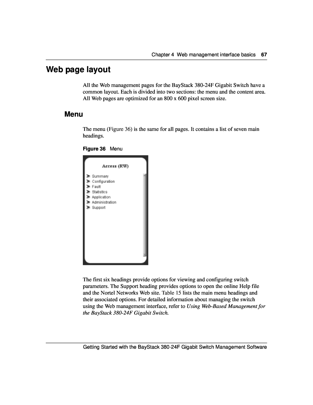 Nortel Networks 380-24F manual Web page layout, Menu 