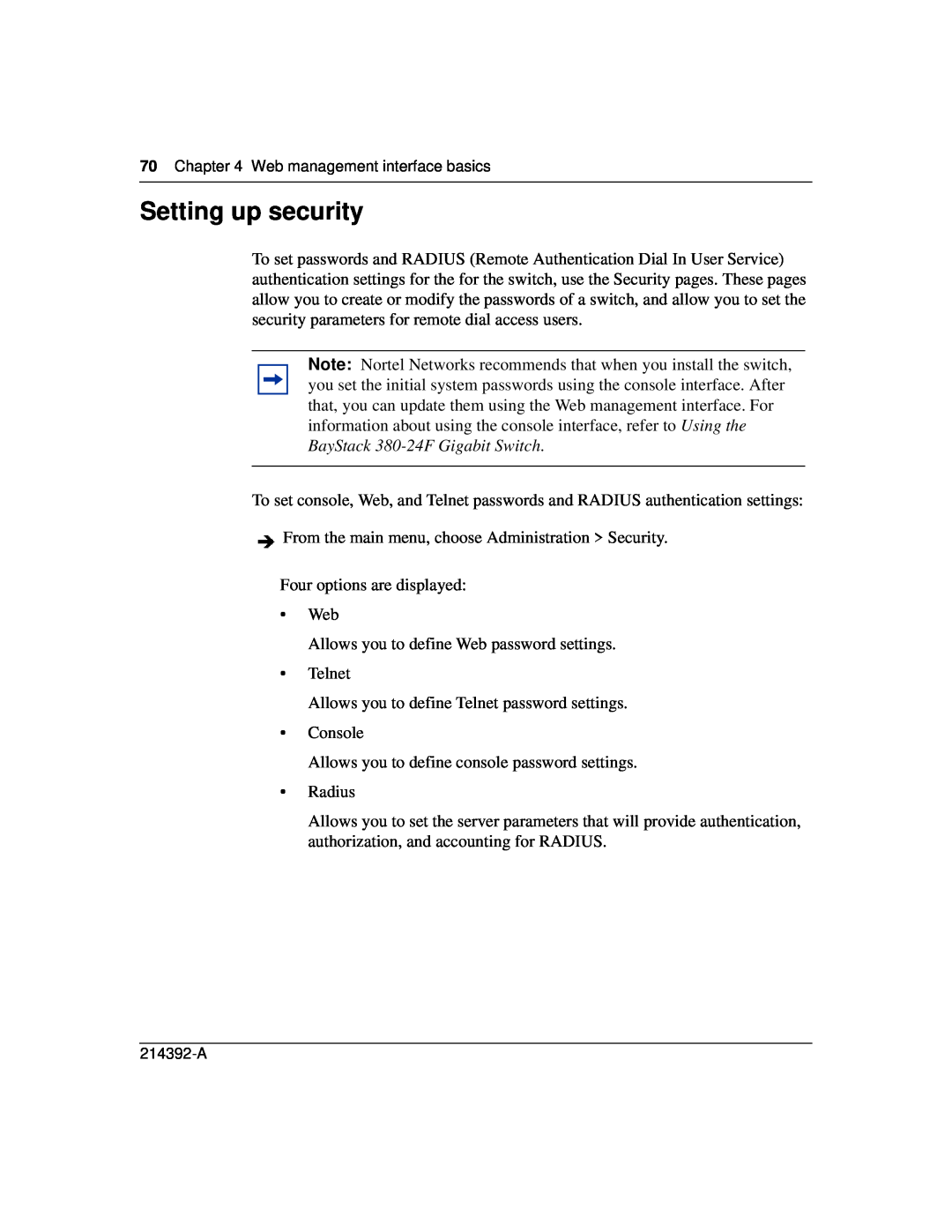 Nortel Networks 380-24F manual Setting up security 