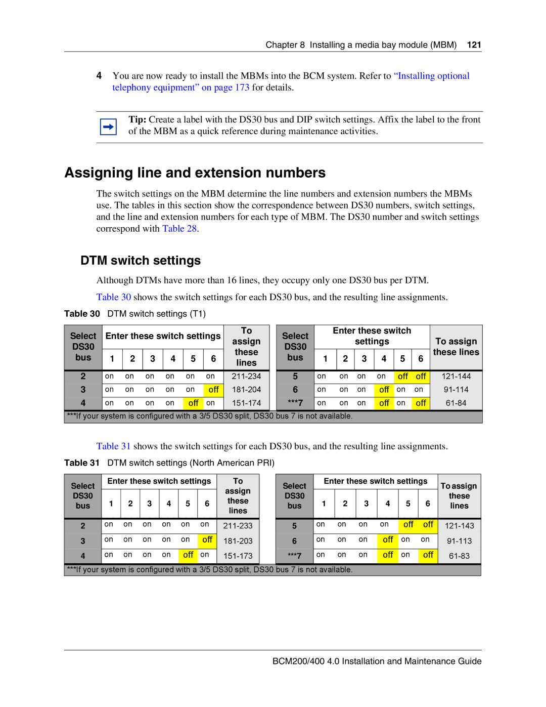 Nortel Networks BCM200, 400 4.0 manual Assigning line and extension numbers, DTM switch settings T1 