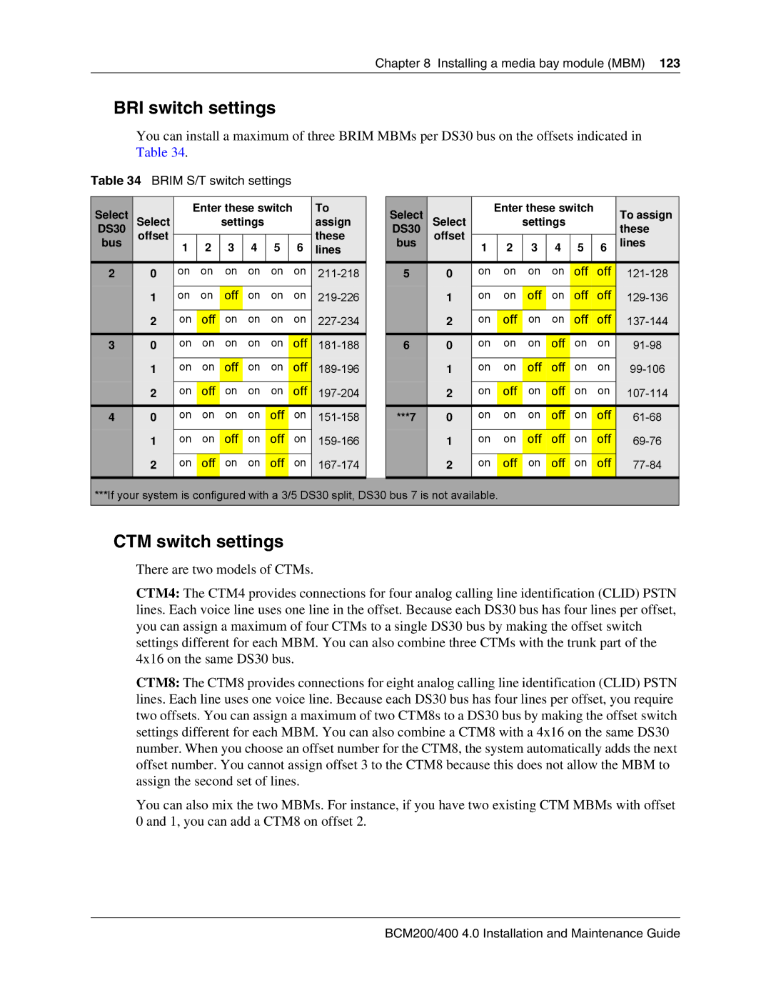 Nortel Networks BCM200, 400 4.0 manual BRI switch settings, CTM switch settings, Brim S/T switch settings 
