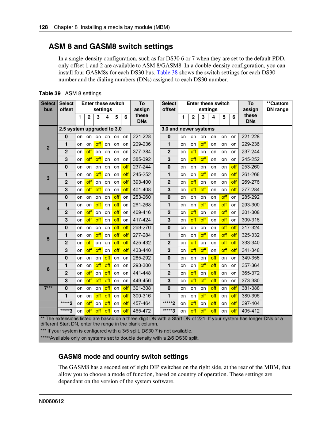 Nortel Networks 400 4.0, BCM200 ASM 8 and GASM8 switch settings, GASM8 mode and country switch settings, ASM 8 settings 