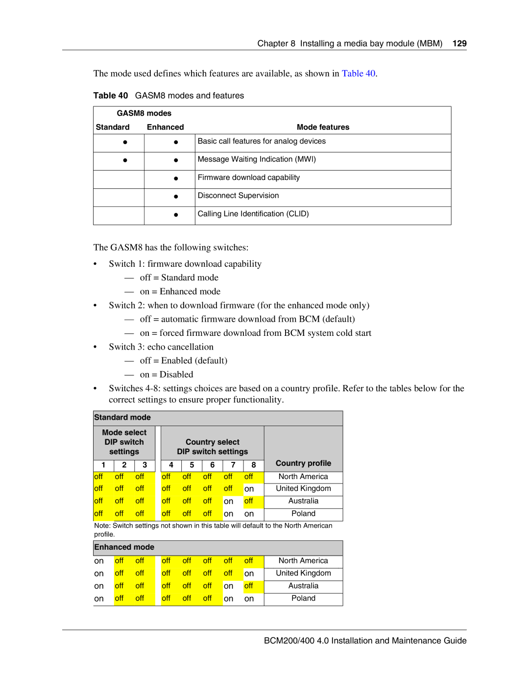 Nortel Networks BCM200, 400 4.0 manual GASM8 modes and features, GASM8 modes Standard Enhanced Mode features, Enhanced mode 