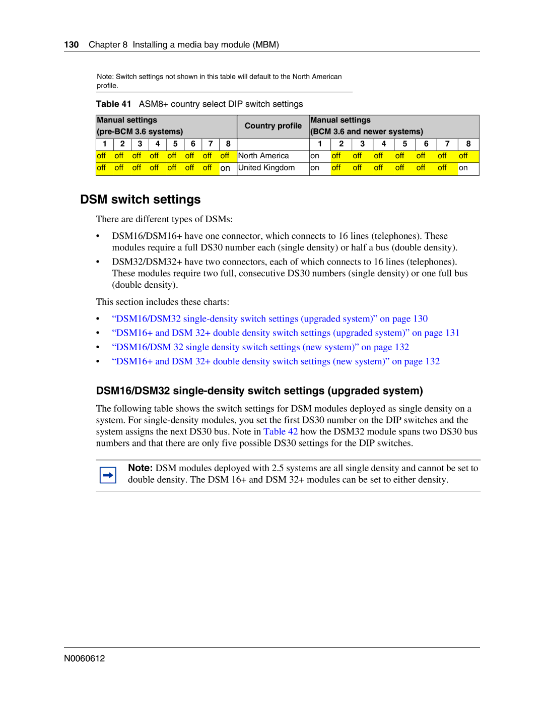 Nortel Networks 400 4.0, BCM200 manual DSM switch settings, DSM16/DSM32 single-density switch settings upgraded system 